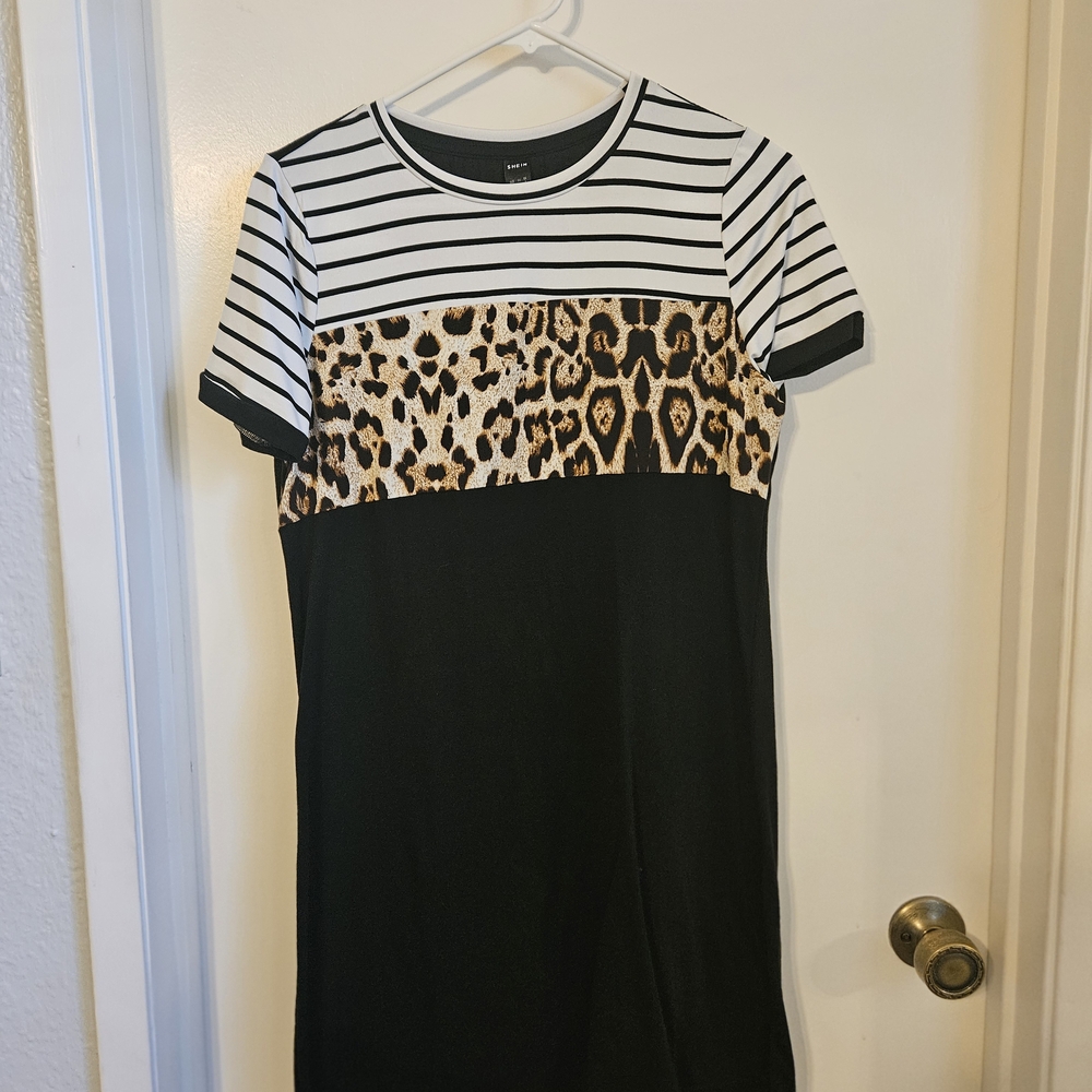 SHEIN Black Dress with Stripes and Leopard Print